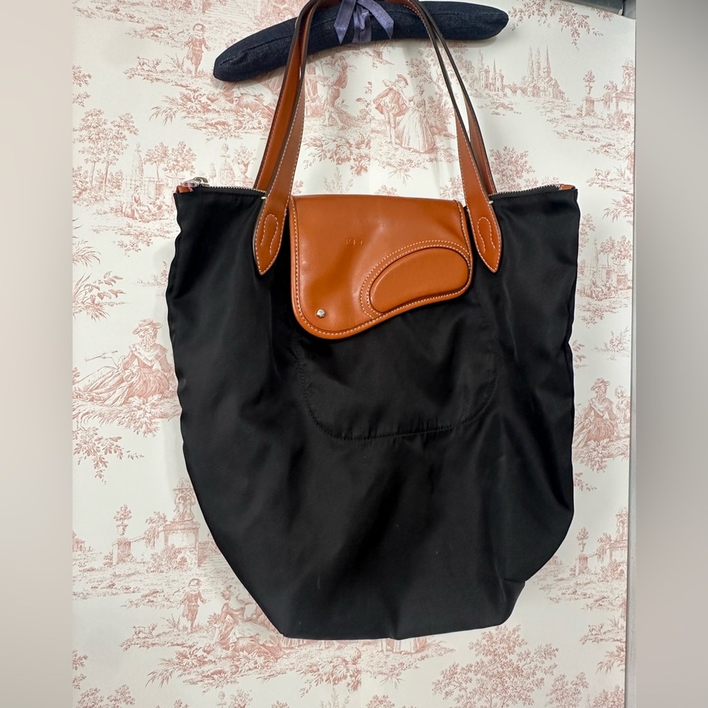 Ralph Lauren Black Nylon Everyday Tote Leather Flap